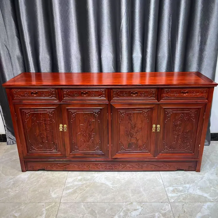 花梨木三门四门餐边柜红木雕花餐边柜实物雕刻茶水柜