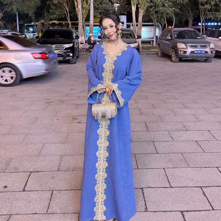 长袖民族风长款基本款长裙A字裙V字领礼服蓝色气质服装复古显瘦