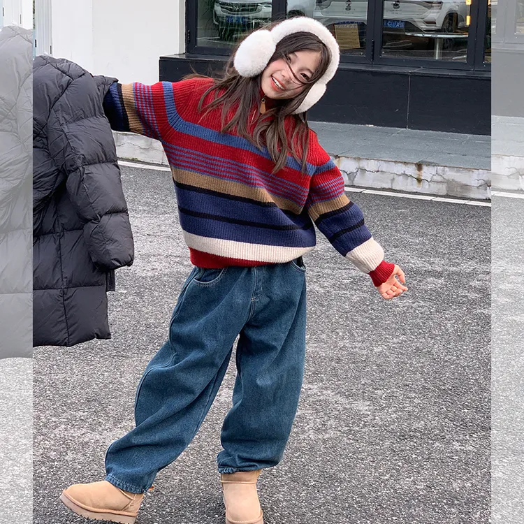 【红运来】西西家女童2025冬新款条纹立领毛衣儿童休闲上衣JX156