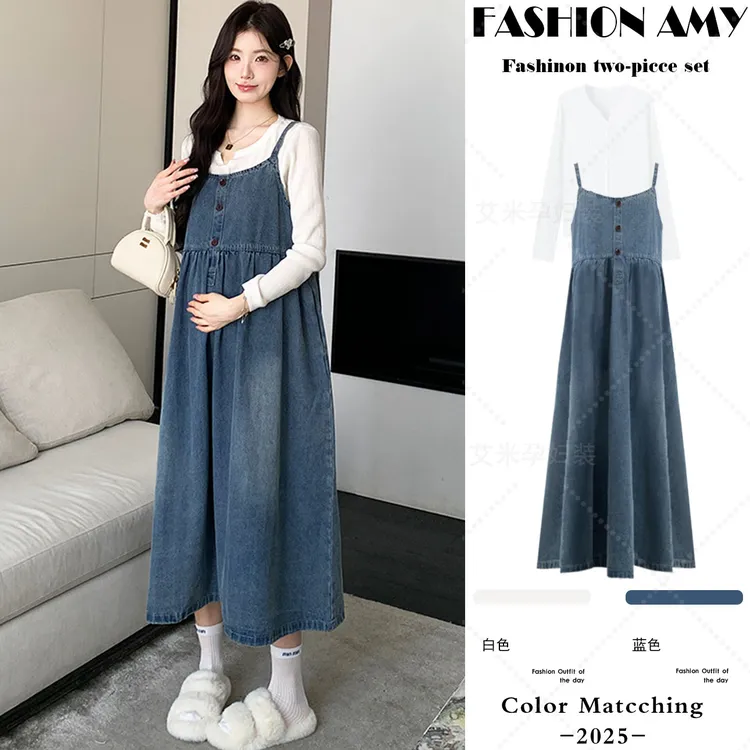 孕妇连衣裙套装秋装新款时尚韩版气质显瘦针织上衣休闲牛仔吊带裙