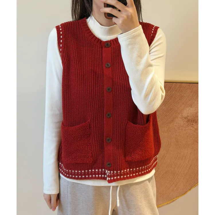 NANA【新年马甲】冬季圆领粗针织毛衣马甲拼接毛巾绒口袋时尚C0674