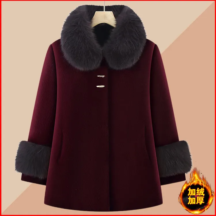 奶奶秋冬水貂绒大衣老太太中长款毛领大码上衣女妈妈加绒加厚外套