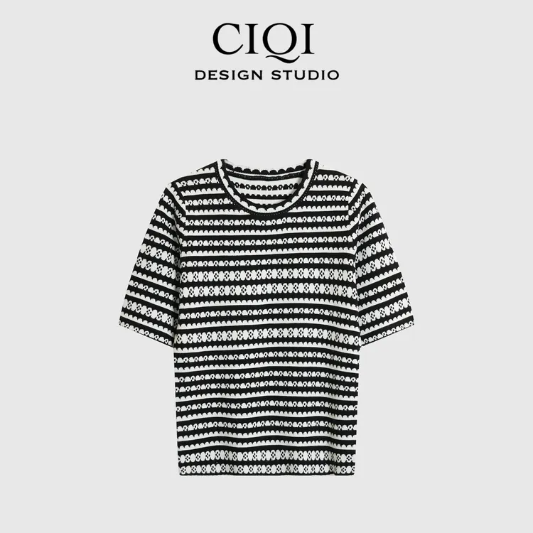 CIQI STUDIO【黑白条章】小众高级感条纹花边撞色针织短袖DY251019