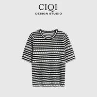 CIQI STUDIO【黑白条章】小众高级感条纹花边撞色针织短袖DY251019
