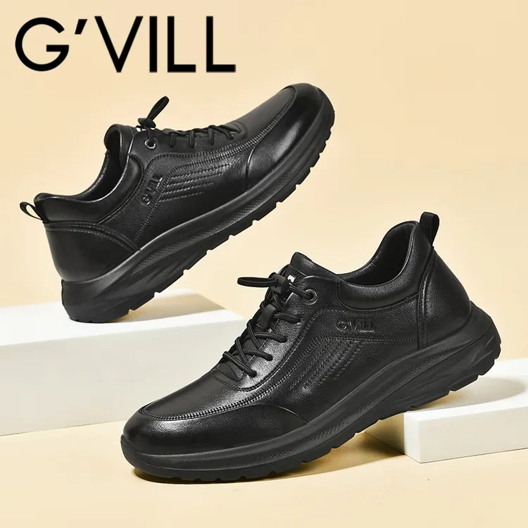 G-vill/贵之步秋冬季头层牛皮商务皮鞋一脚蹬防滑爸爸鞋舒适软底