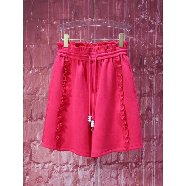 【韩哥女装】2025夏季设计师珊瑚红时尚休闲A字阔腿短裤9107