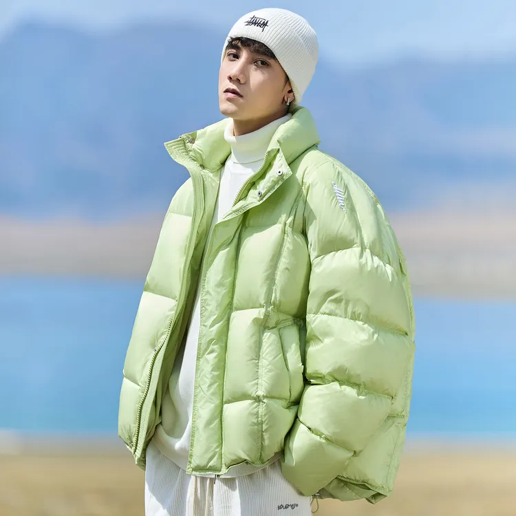 高充绒257g鸭绒羽绒服男冬季加厚保暖面包服字母刺绣立领情侣外套