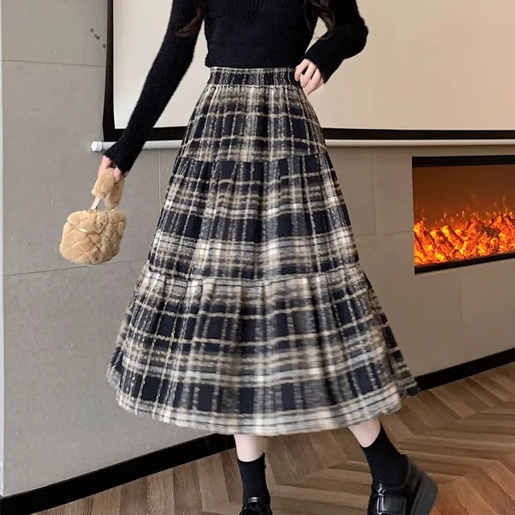 韩系毛呢格子高腰a字显瘦秋冬新款时尚洋气女装百褶半身裙裙子