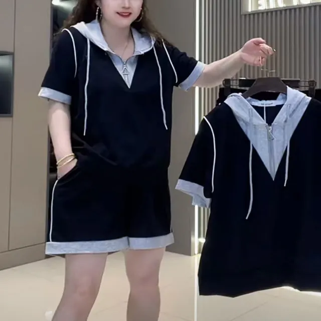 8068休闲时尚夏季宽松假两件拼接连帽上衣短裤套装女装