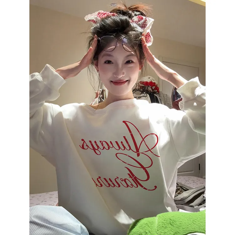 美式复古字母印花斜肩卫衣女秋冬甜酷街头设计感宽松百搭长袖上衣