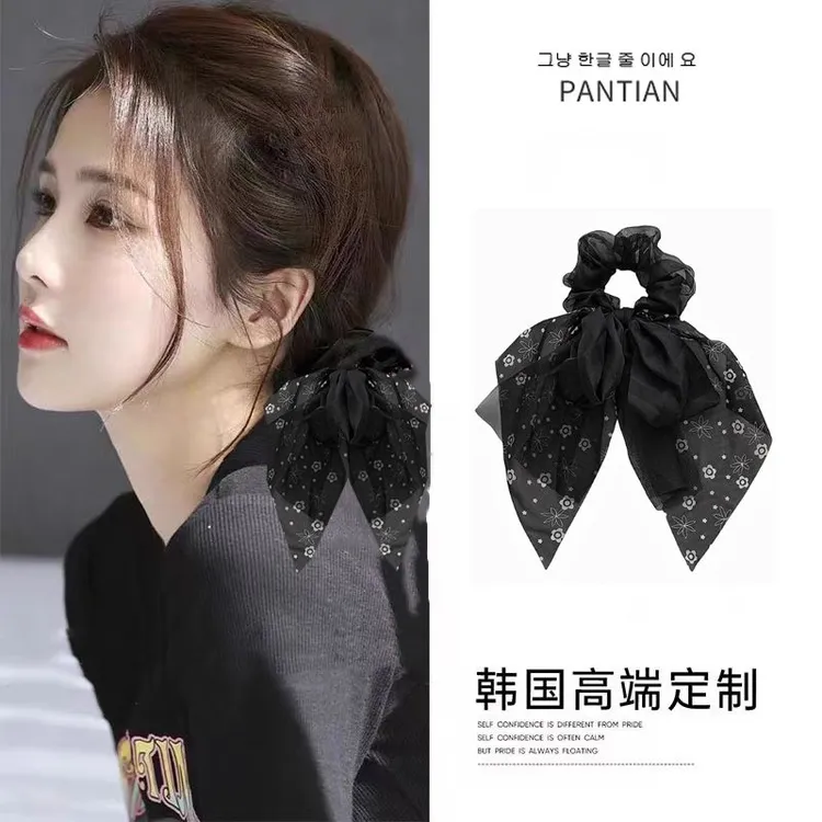雪纺网纱蝴蝶结飘带发圈~森系仙美发带女大肠发圈低马尾丝巾发绳