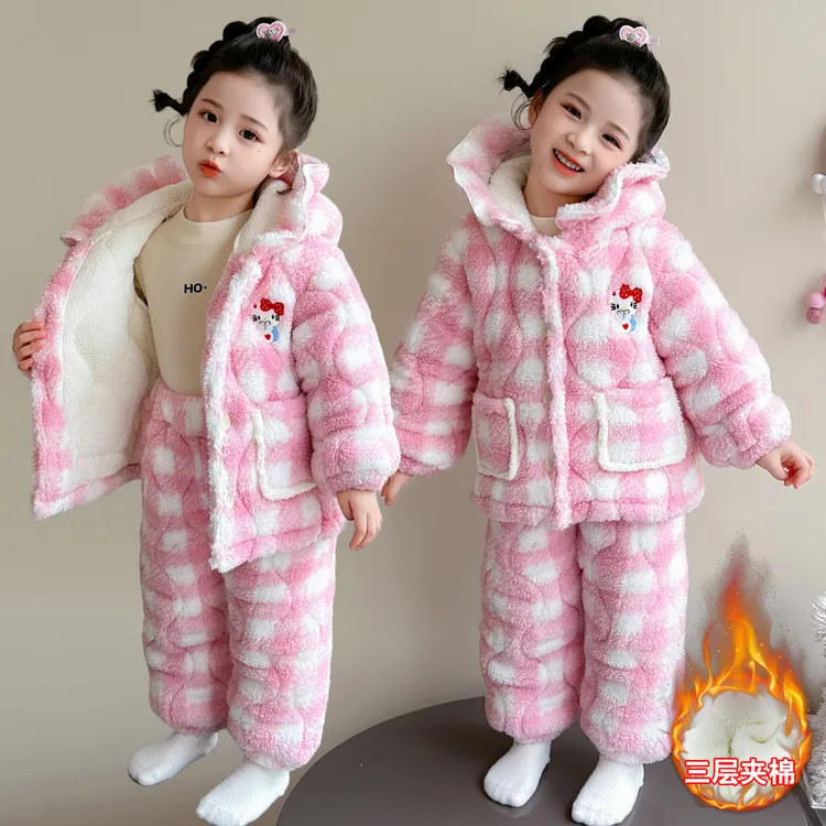 女童三层夹棉睡衣儿童珊瑚绒加绒加厚套装女宝宝冬季法兰绒家居服