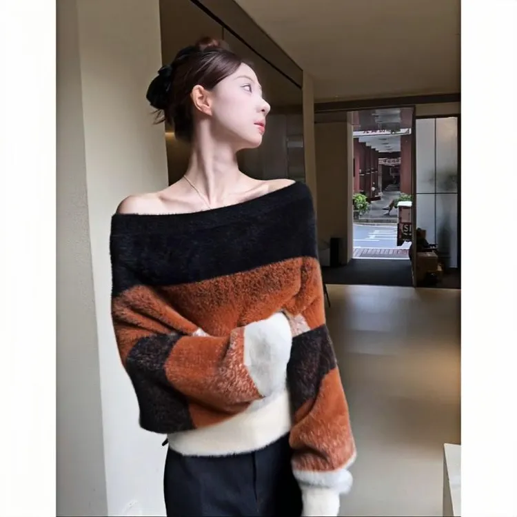温柔慵懒风一字肩撞色条纹针织衫女秋冬季氛围感韩版气质宽松毛衣