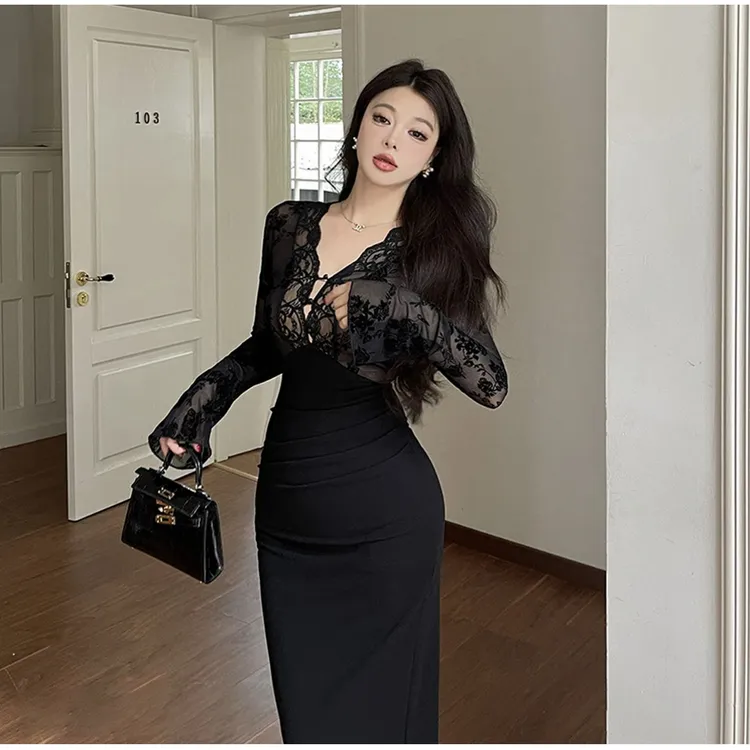 玫瑰植绒显瘦连衣裙高级感后妈裙2025秋季新款女装轻奢长裙3367#