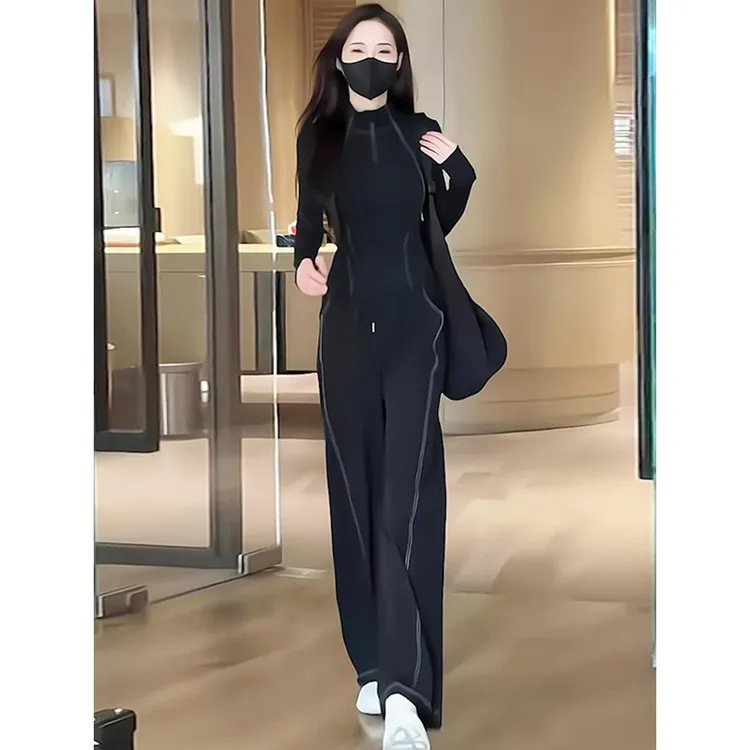 韩版休闲运动加绒套装女秋黑色修身显瘦弹力流行套装女秋冬