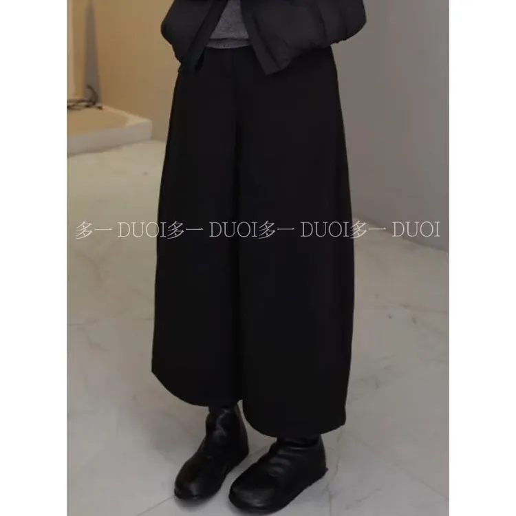 多一“小黑裤”2025冬季加绒加厚一粒扣半松紧压褶百搭阔腿裤