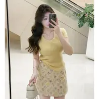 橘子-纯色正肩夏季韩版针织上衣WPWG8122彩色镂空印花半裙WP9742