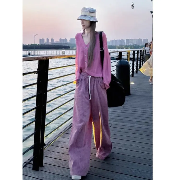 2025夏季新款法式可甜可盐显瘦减龄粉色开衫碎花阔腿裤两件套女
