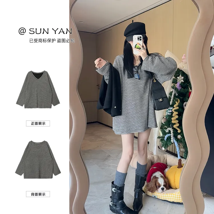 孙妍【慵懒条纹】休闲时尚慵懒风宽松条纹针织T女冬季2025新款