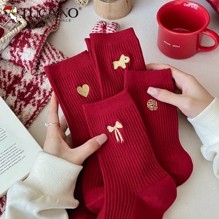 大红色本命年袜子男女纯棉中筒袜马年2026属马双针堆堆袜秋冬长袜