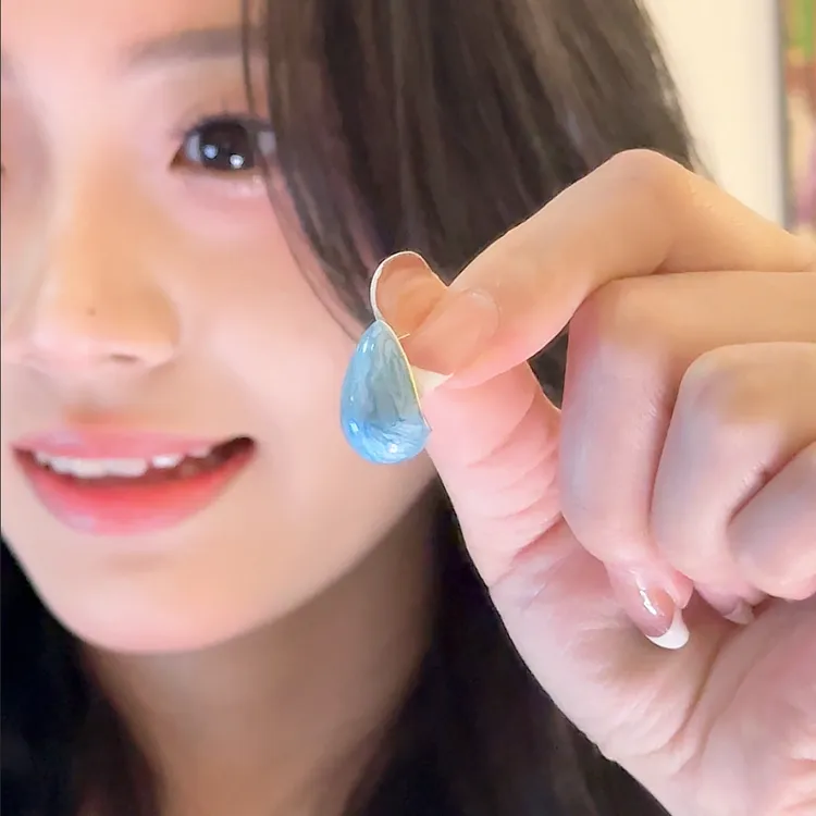 合金珐琅耳饰 法式珐琅滴釉蓝色水滴耳环女轻奢高级感百搭耳钉小