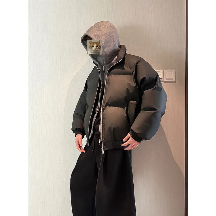 美式【假两件】冬季连帽PU皮双拉链加厚棉服男宽松保暖百搭棉衣外套