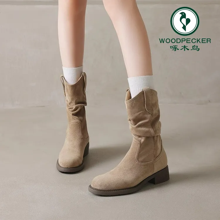 啄木鸟厚底褶皱堆堆靴女大码春秋季2025新款西部牛仔靴单靴马丁靴