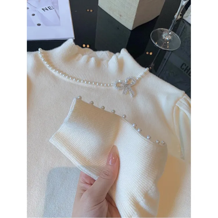 精致波浪边半高领手工蝴蝶结重工钉珠毛衣女秋冬新款内搭打底衫