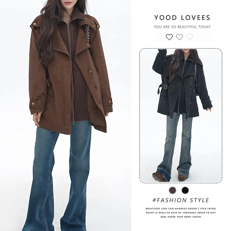 2025秋冬新款中长款女士外套时尚复古拼接立领气质收腰洋气短外套