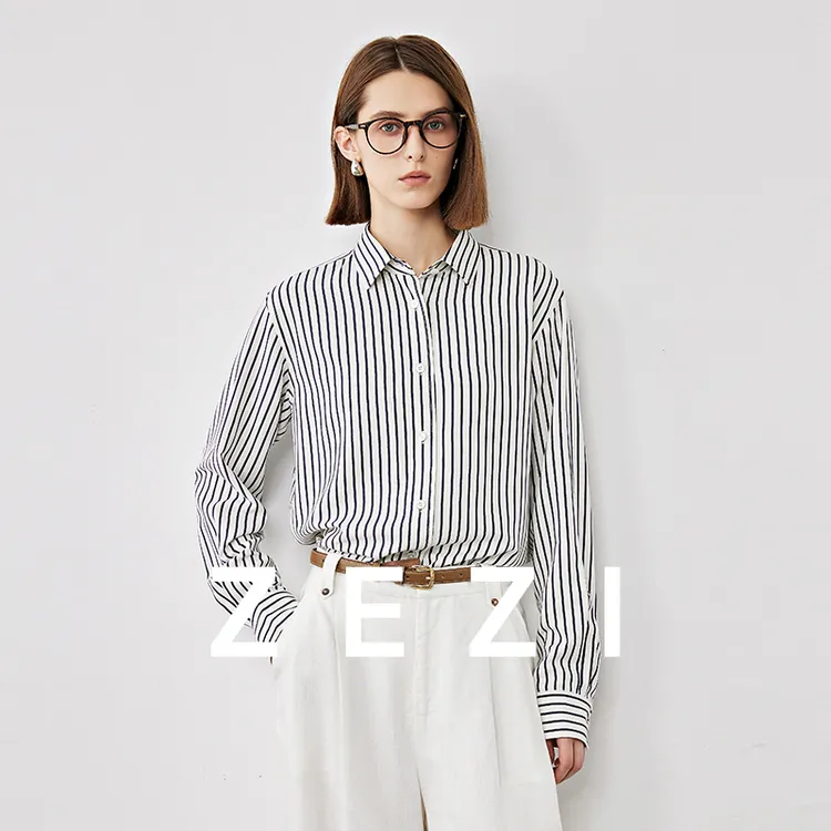 ZEZI桑蚕丝条纹衬衫翻领长袖挺括有型显瘦女士气质减龄衬衣休闲新