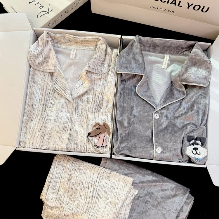 情侣睡衣秋冬款金丝绒长袖卡通口袋小狗网红高级感家居服男女套装