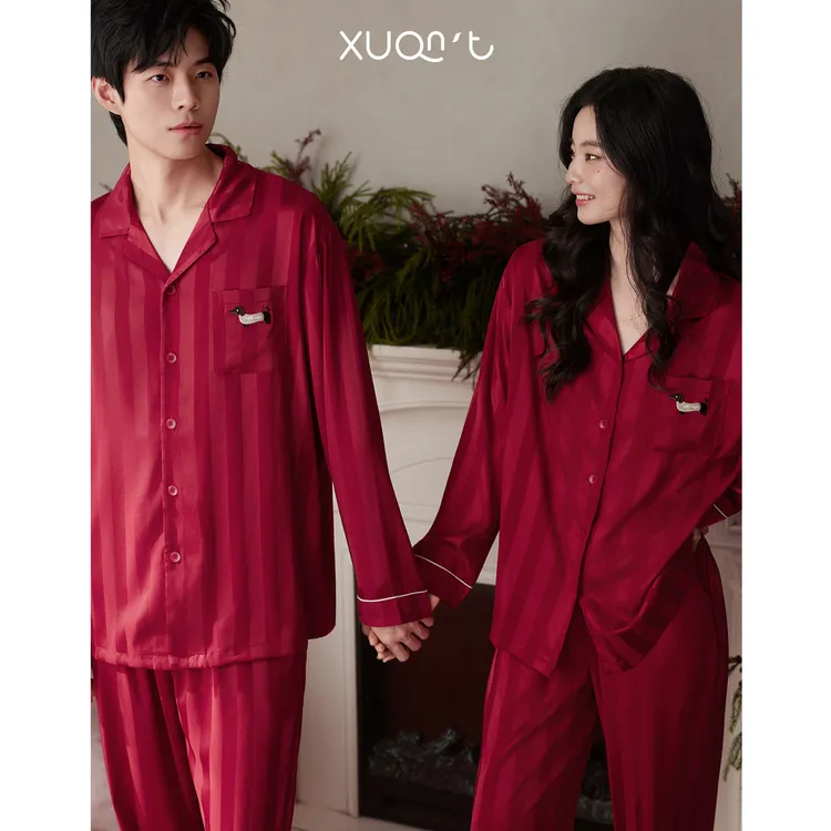 轩之婷情侣睡衣女春秋季大红色本命年长袖结婚新婚冰丝男士家居服