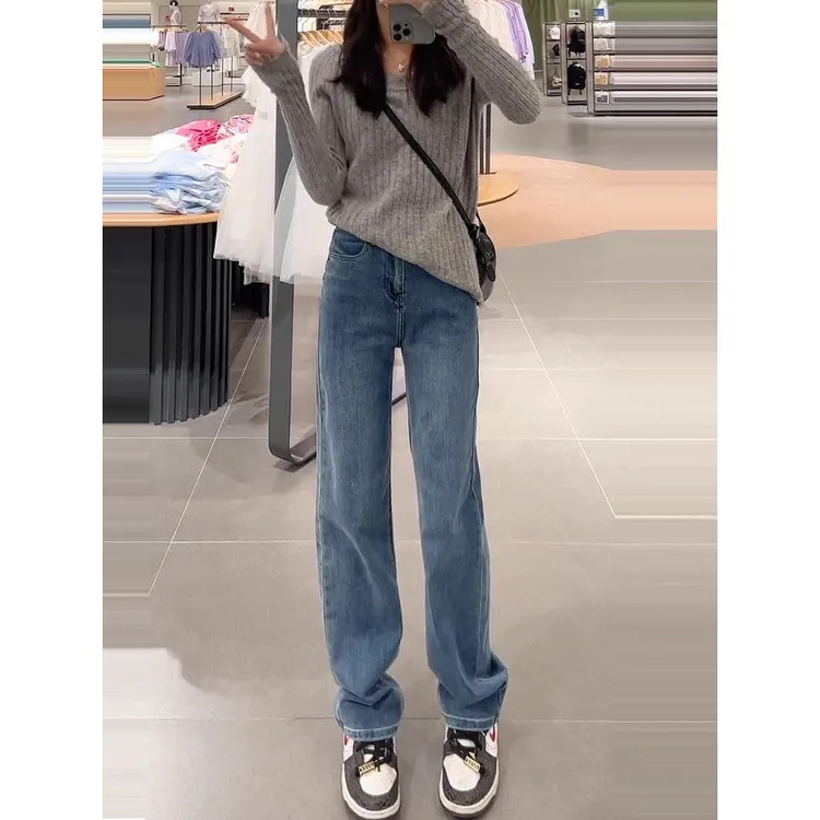 高腰窄版阔腿牛仔裤女2025春装九分小个子宽松爆款加长直筒裤子潮