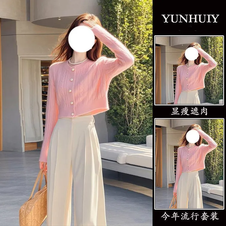 网红炸街穿搭洋气女早秋新款小众长袖针织上衣休闲裤两件