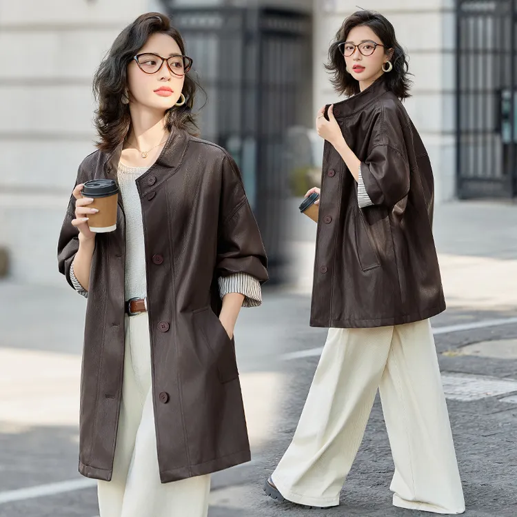 皮风衣女外套春秋季新款宽松大码显瘦气质休闲时尚简约中长款大衣
