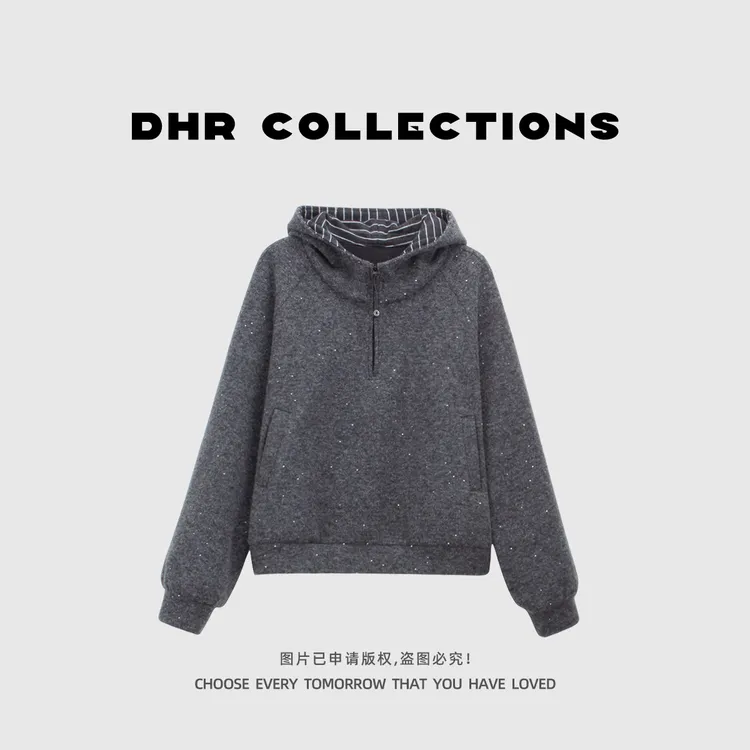 豆豆10【连帽外套】羊毛卫衣加绒加厚新款休闲亮片绒衫女-25DW100