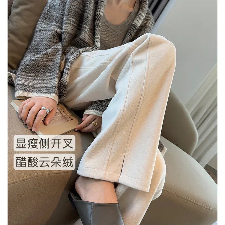醋酸绵羊毛呢 开叉白色阔腿裤女 秋冬高腰小个子窄版直筒裤