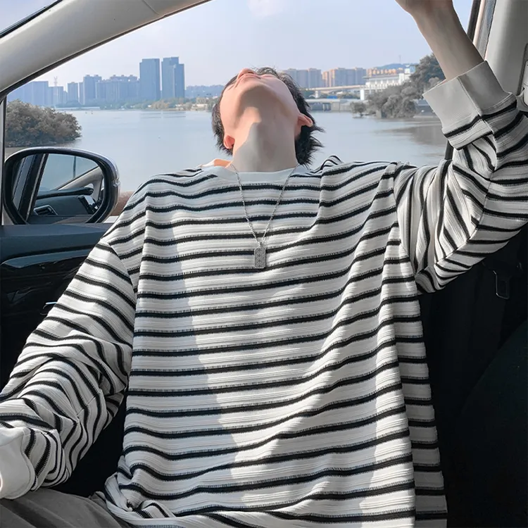 日系覆古条纹长袖T恤男款春秋潮牌青少年衣服宽松内搭圆领内搭衣