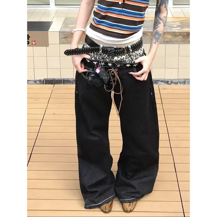 美式街头亚比风豹纹拼接双腰头设计感原牛弯刀牛仔裤叠堆显高长裤