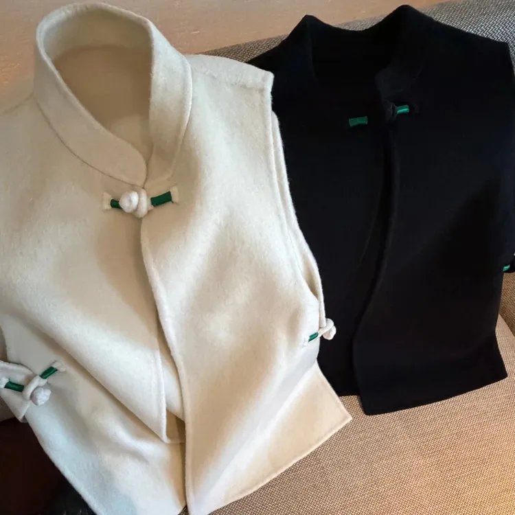 秋冬高品质立领盘扣新中式手工双面毛呢马甲女国风呢子衫夹外套衣