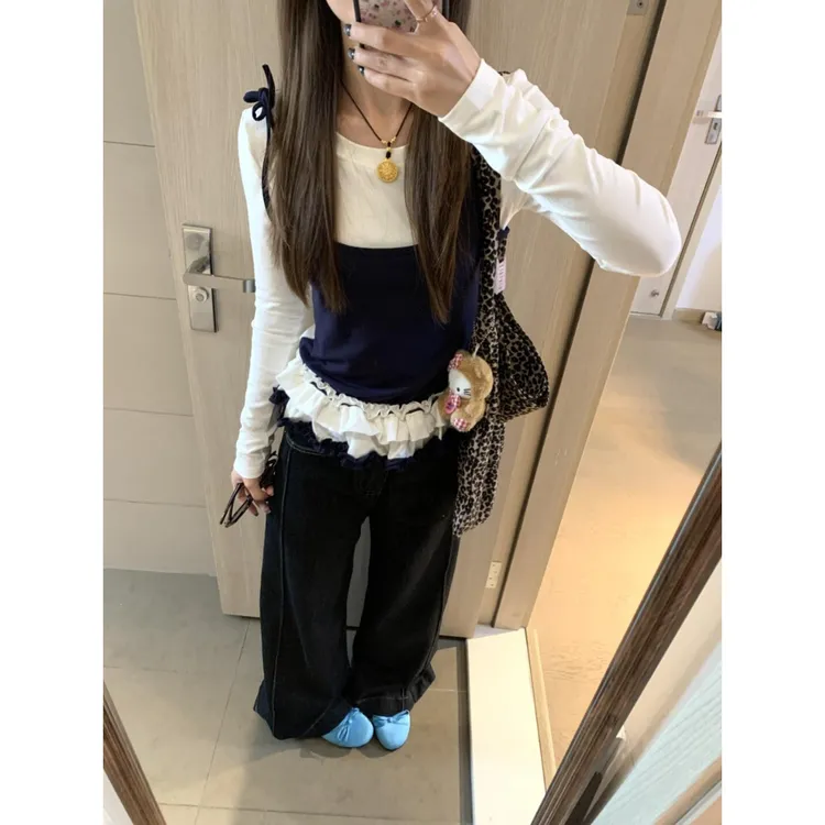 韩系甜美风假两件长袖t恤女秋季设计感纯欲辣妹木耳花边打底上衣