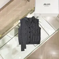 JILLYI【玫瑰花语】灰色V领立体玫瑰花装饰时尚百搭马甲