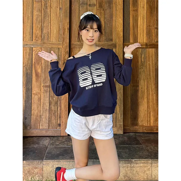 美式复古斜肩长袖卫衣女2025秋季新款字母印花设计感休闲宽松上衣