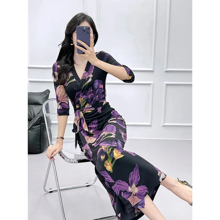 修身裹身裙2025年春夏秋新高级大牌紫色印花优雅气质一片式连衣裙
