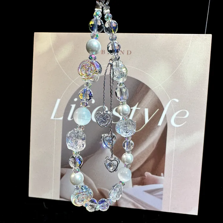 【星间心轨】时尚ins风设计爱心锆石流苏手机挂链玫瑰花串珠手工