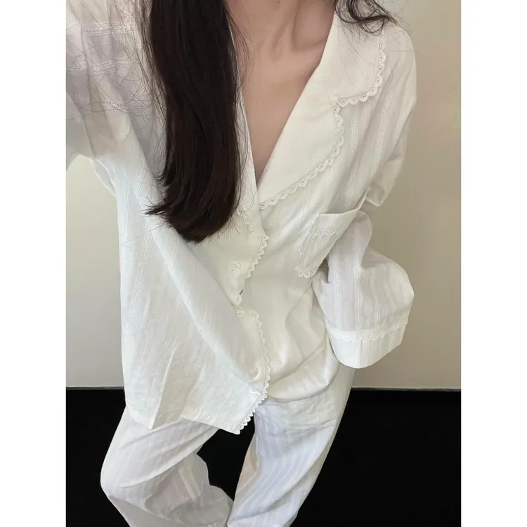 【蕾丝花边】时尚纯色睡衣女款春秋可外穿长袖休闲家居服棉纱套装