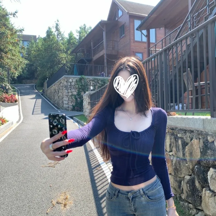 S-4XL大码辣妹方领绑带打底衫2025新款长袖修身显瘦纯欲风上衣女