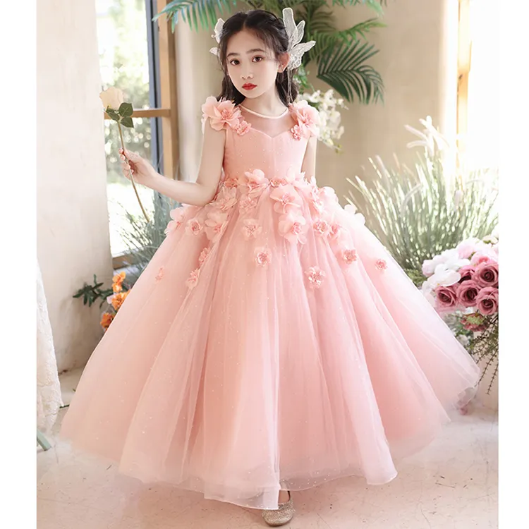 女童生日晚礼服公主裙粉色儿童主持人花童婚礼大童钢琴演出服花朵