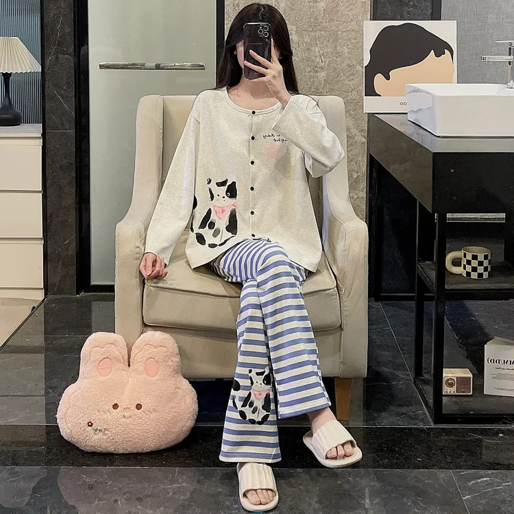 长袖睡衣女春秋季纯棉大码2025年新款可外穿条纹裤猫咪套装家居服