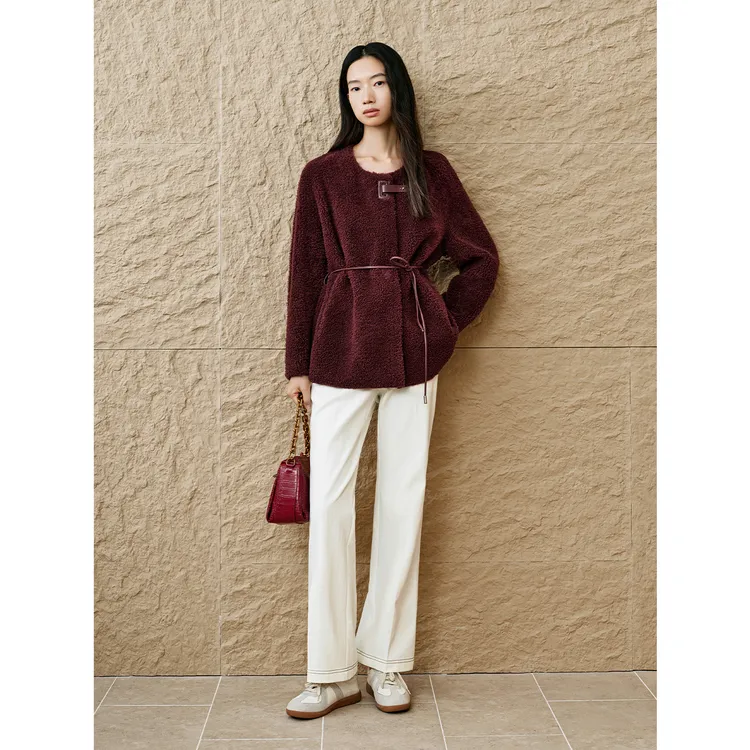 【拉贡皮草】INSUN恩裳冬琥珀流光酒红皮毛一体拉贡皮草9C65509830